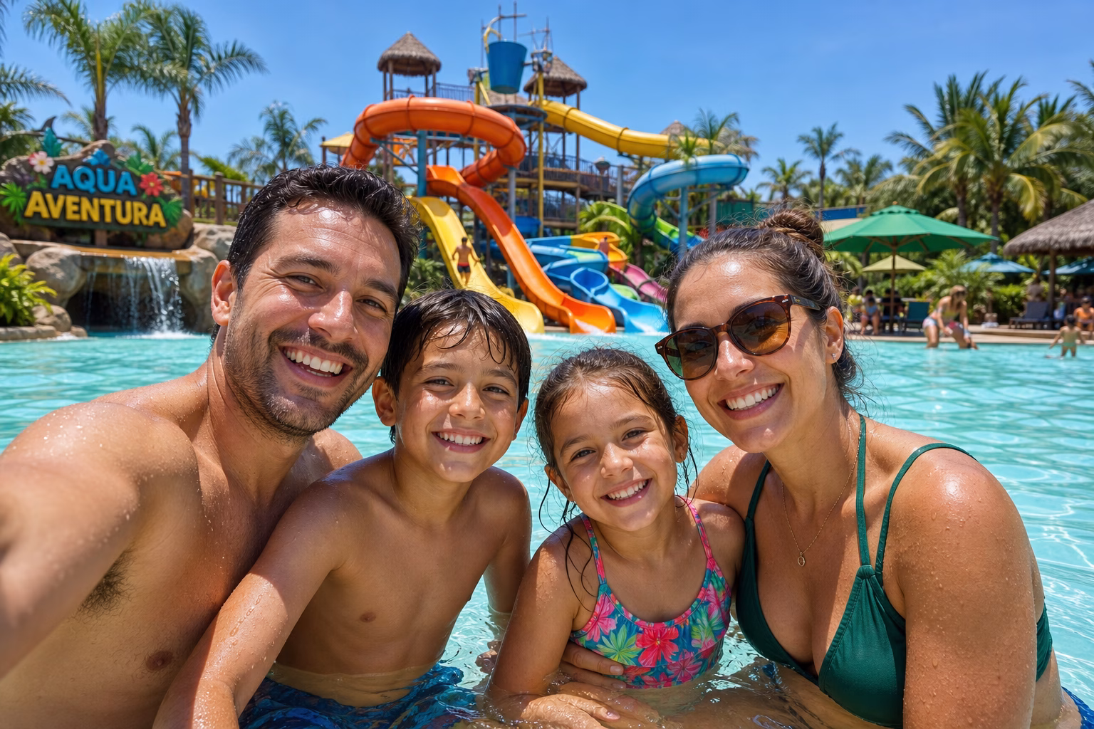 Familia disfrutando de un parque acuático en verano